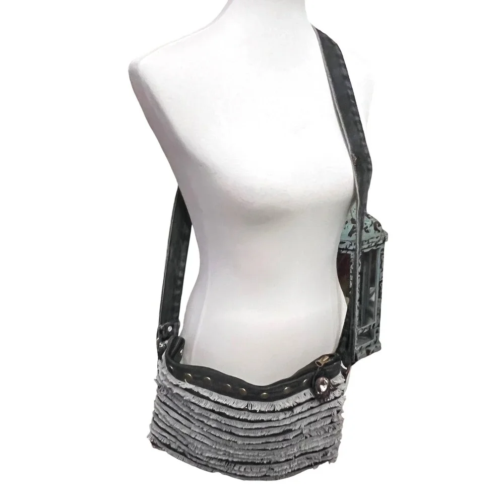 Handcrafted Purse One‎ of a Kind Fringed Denim Crossbody Bag Black White Studded